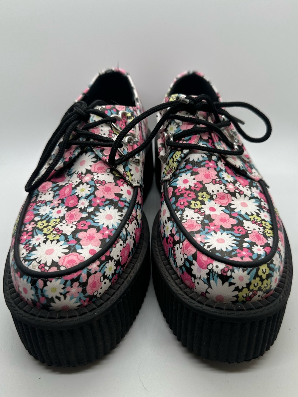 T.U.K Floral Hello Kitty Platform Lace-Up Moccasins - Pink, White, Black